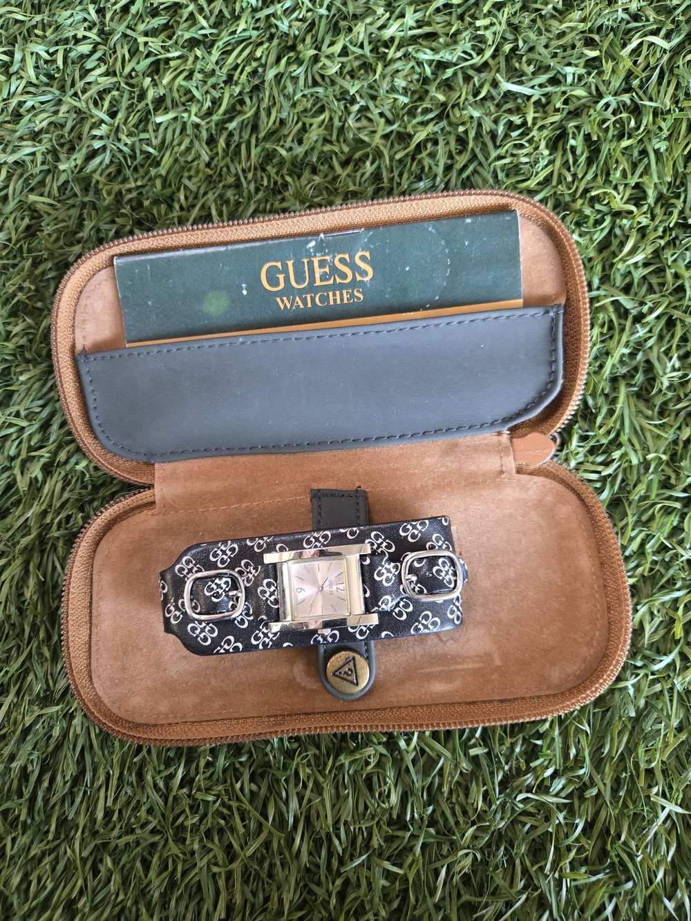 GUESS Black and Silver Logo -Print Wide Cuff Watch